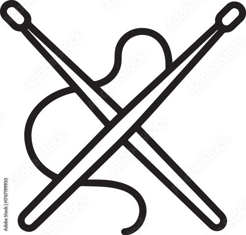 Black and White Crossed Knitting Needles with Yarn Loop Vector Illustration.eps