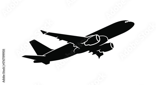 Silhouette of a modern commercial jet airplane taking off against a stark white background with engines visible