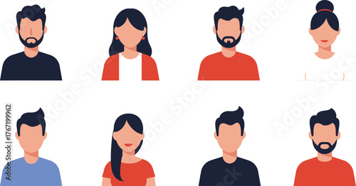 Diverse group of stylized flat design avatars representing men and women with various hairstyles and clothing styles