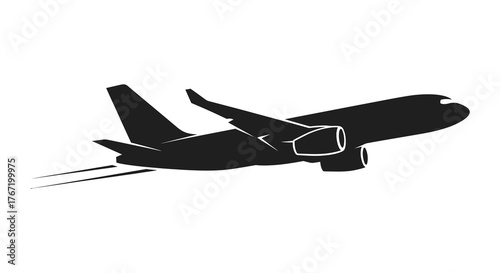 Silhouette of a modern passenger jet airplane taking off with a trail of smoke against a white background