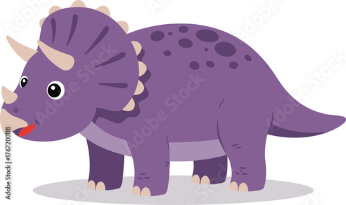 Adorable cartoon purple triceratops dinosaur with three horns and frill standing on a white background perfect for children s illustrations and educational content