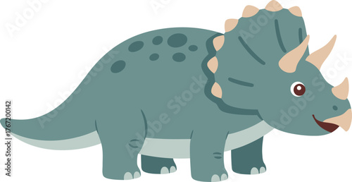 Cute cartoon triceratops dinosaur with three horns and frill on its head standing on white background isolated