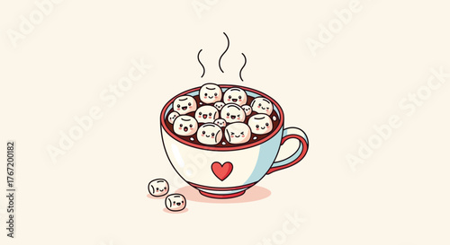 Cute cartoon mug filled with hot chocolate and marshmallows with happy faces