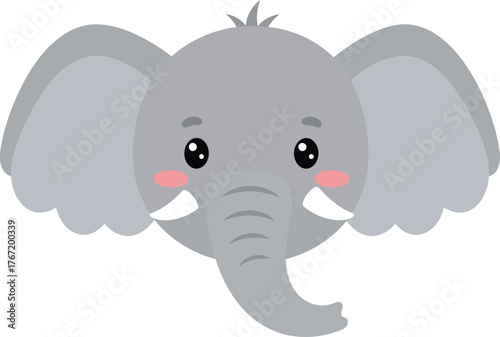 Adorable cartoon elephant face with big ears and tusks featuring rosy cheeks and a friendly expression perfect for children s designs