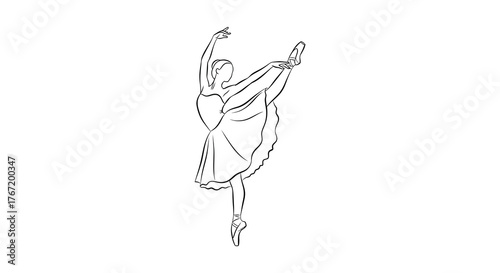 Elegant line art drawing of a graceful ballerina performing a dynamic leap with flowing hair and skirt