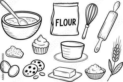 Black and white baking ingredients line art — flour, eggs, butter, rolling pin, whisk, cookies, and cupcake illustration