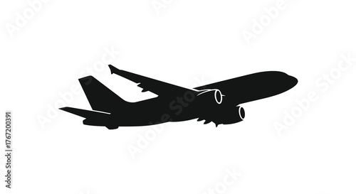 Silhouette of a modern commercial jet airplane taking off with engines visible against a white background