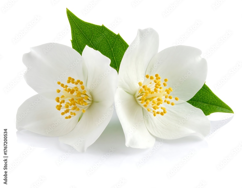 Obraz premium Close-up of delicate white flowers with yellow centers and green leaves (2)