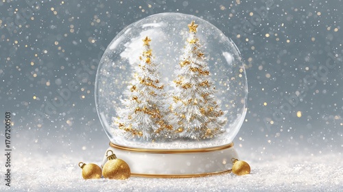 Snow globe with gold Christmas trees and ornaments on snowy winter background festive holiday decoration glass crystal ball mockup with copy space for branding greeting cards and product display