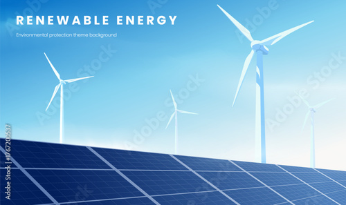 Horizontal modern and simple style renewable energy solar panel wind turbine illustration
