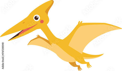 Adorable cartoon illustration of a bright yellow pterodactyl flying with wings spread wide against a clean white background