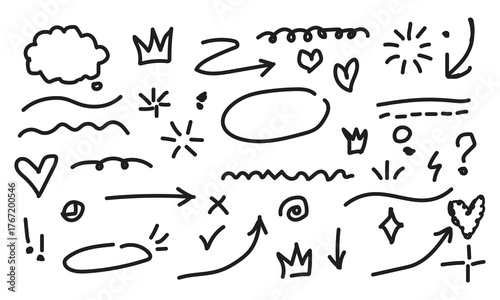 Hand Drawn Doodle Elements & Ink Brush Strokes Collection – Abstract Sketch Lines, Arrows, and Scribble Art 