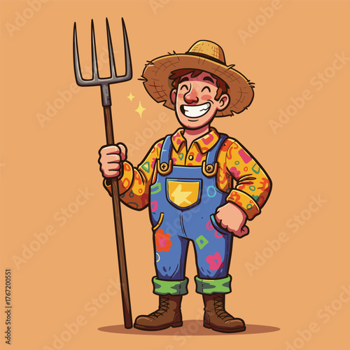 Cartoon vector illustration of a farmer holding a shovel in a hat