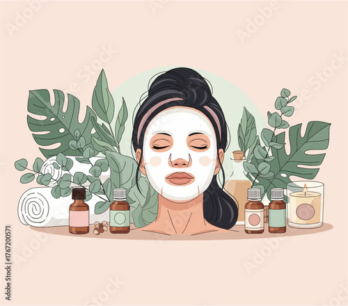 Step-by-step illustration of a woman applying a facial sheet mask for skincare.
