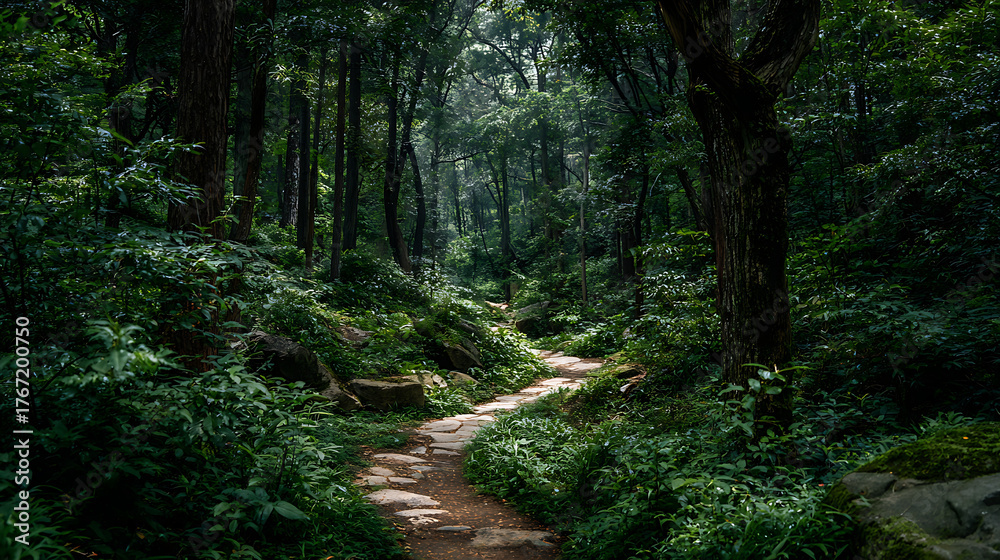 Obraz premium A winding path through a dense forest symbolizing the quest for self-awareness