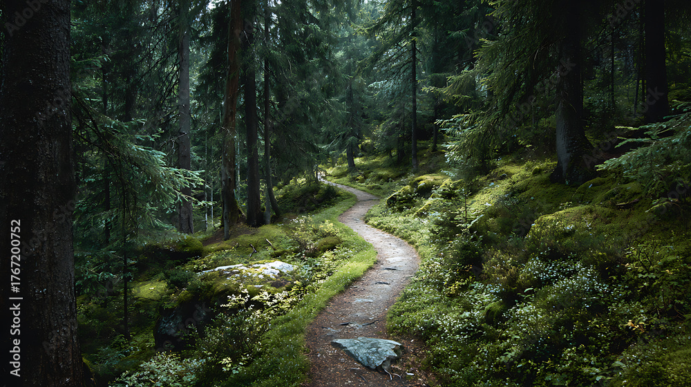 Fototapeta premium A winding path through a dense forest symbolizing the quest for self-awareness 