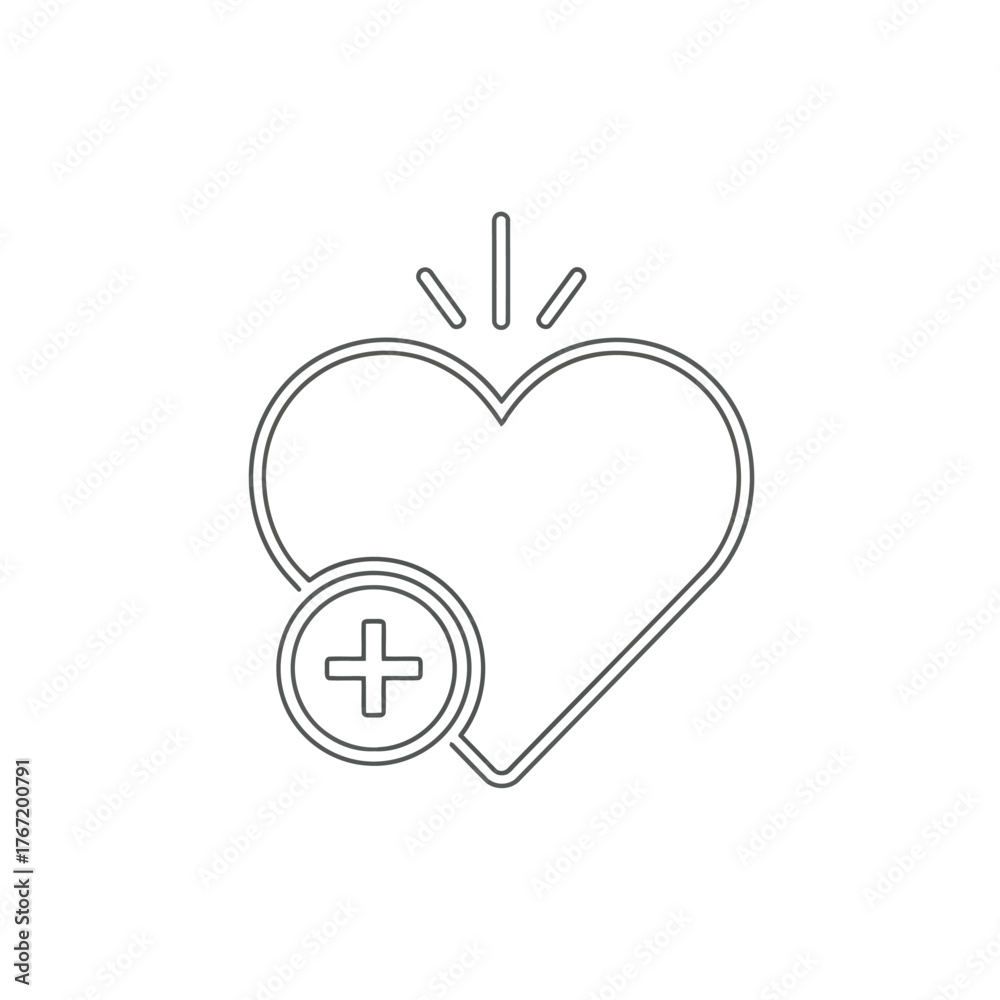 Obraz premium Vector illustration of heart with plus sign symbolizes adding to favorites, health, love, or a positive addition, presented in a clean, minimalist line art style
