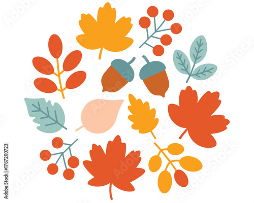 A circular arrangement of vibrant autumn leaves, acorns, and berries
