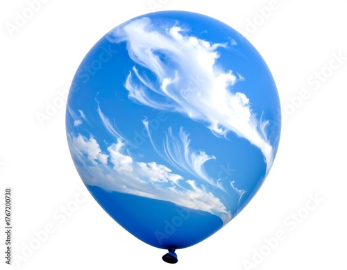A blue balloon imprinted with wispy white cloud formations, isolated