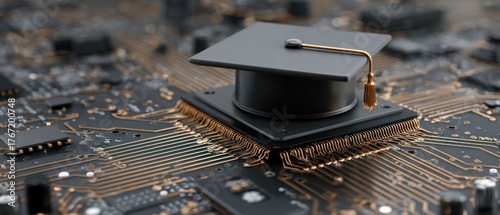 Graduation cap on computer chip illustrating education and technology