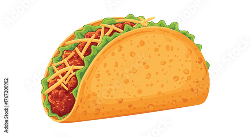A graphic illustration of a delicious taco filled with seasoned meat, lettuce, and shredded cheese.