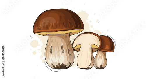 Illustration of several edible porcini mushrooms, one sliced in half, on a white background with brown watercolor splatters.