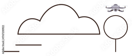 quadcopter hovering near simple outline of a tree under a stylized cloud with wind motion lines. Ideal for technology, innovation, environment, AI, nature, exploration, sustainability. Simple flat