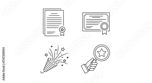 Vector illustration of line art illustration showcasing document, certificate, party popper, and magnifying glass with star, symbolizing achievement and celebration