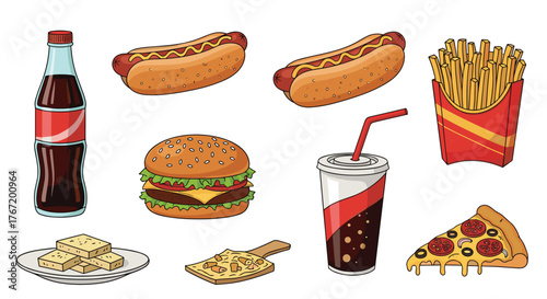 A delightful vector illustration set showcasing popular fast food items including juicy burgers, hot dogs, crispy fries, pizza, and fizzy drinks.