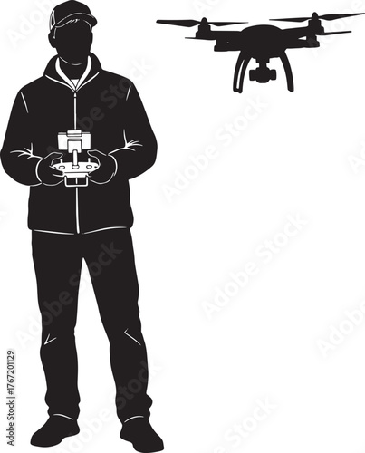Drone pilot with remote control on white background. Vector illustration.