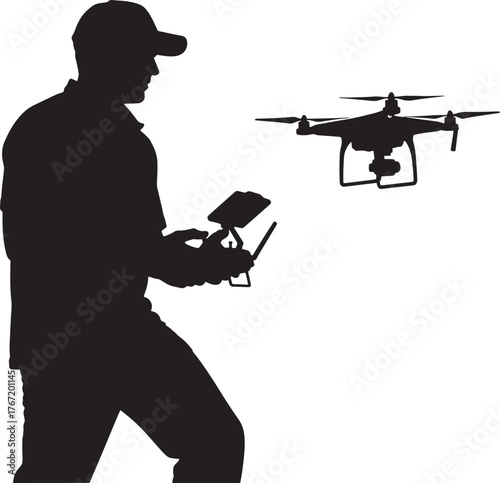 Drone pilot with remote control on white background. Vector illustration.