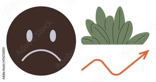 Frowning face beside a leafy green plant and upward arrow line. Ideal for mood, growth, progress, environment, contrast, motivation, emotional dynamics. Clean flat metaphor