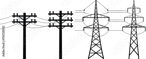 Black and white illustration comparing old wooden utility poles with modern steel electricity transmission towers and power line infrastructure