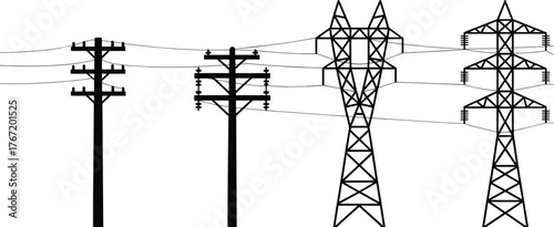 Black and white illustration comparing old wooden utility poles with modern steel electricity transmission towers and power line infrastructure