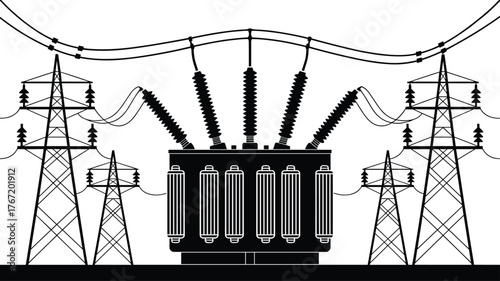 Black and white illustration of an electrical transformer and high-voltage power transmission towers for energy and electricity concept