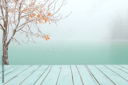 Foggy Morning Scene with Bare Tree and Calm Water in Serene Pastel Tones