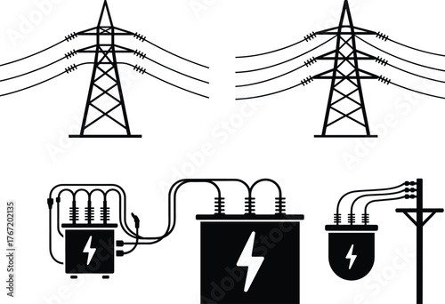 Black and white illustration of electrical infrastructure showing power lines, transformers, and energy distribution system for industrial electricity