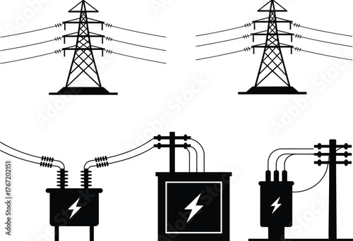 Black and white illustration of electrical infrastructure showing power lines, transformers, and energy distribution system for industrial electricity
