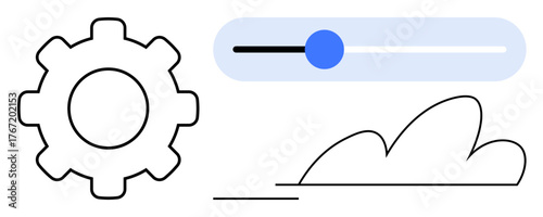 Gear cogwheel, blue progress slider, abstract cloud line. Ideal for technology, software, process, configuration, optimization innovation interface themes. Simple flat metaphor