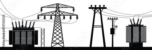 Black and white illustration of electrical transformers and high-voltage transmission towers with power lines for energy distribution concept
