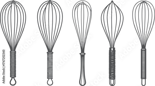 Black and white illustration of five wire whisks — kitchen utensil line art for baking and cooking design projects