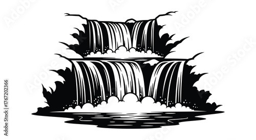 Dramatic black and white illustration of a multi tiered cascading waterfall with splashing water and reflections