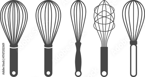 Black and white illustration of five wire whisks — kitchen utensil line art for baking and cooking design projects