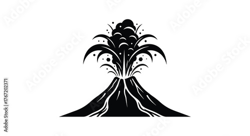 Stylized black and white illustration of a erupting volcano with smoke and lava spewing from the summit
