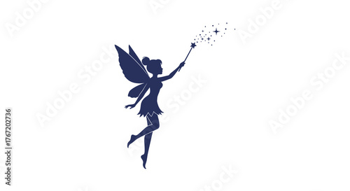Silhouette of a whimsical fairy with delicate wings holding a sparkling magic wand creating stardust on a white background