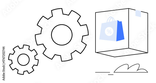 Gears in motion alongside a package displaying a shopping bag with a percentage discount. Ideal for e-commerce, logistics, retail, discount campaigns, marketing, automation, and process optimization