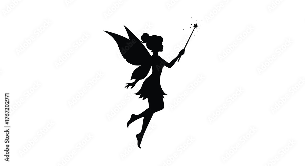 Naklejka premium Silhouette of a magical fairy with delicate wings holding a sparkling wand in a dynamic pose