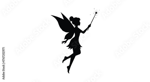 Silhouette of a magical fairy with delicate wings holding a sparkling wand in a dynamic pose