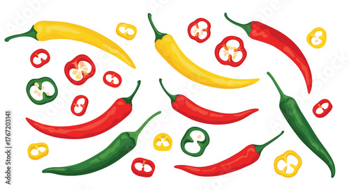 Colorful assortment of fresh red, green, and yellow chili peppers, both whole and sliced, scattered on a clean white background.