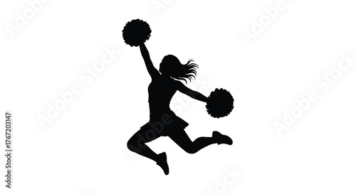 Silhouette of a dynamic cheerleader in mid air jump holding pom poms celebrating a victory or performance
